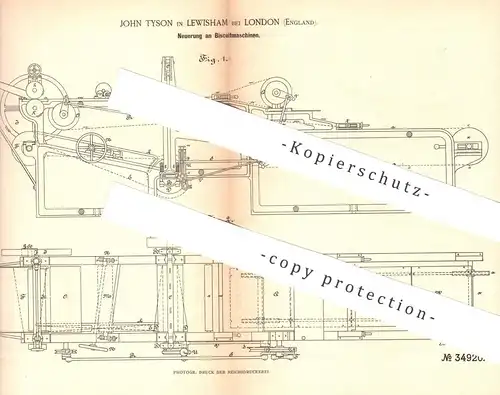 original Patent - John Tyson , Lewisham / London / England 1885 , Biscuitmaschine | Biscuit , Bäcker , Bäckerei , Kuchen