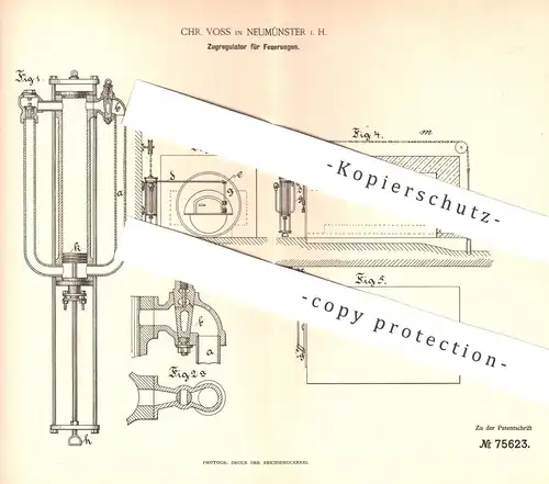 original Patent - Chr. Voss , Neumünster , 1893 , Zugregulator für Feuerung | Ofen , Schornstein , Heizung , Ofenbauer !