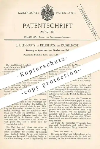 original Patent - J. F. Lehnartz , Dellbrück / Düsseldorf , 1884 , Apparat zum Löschen von Kalk | Ton , Gestein !!!