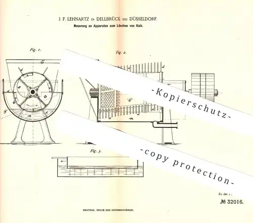 original Patent - J. F. Lehnartz , Dellbrück / Düsseldorf , 1884 , Apparat zum Löschen von Kalk | Ton , Gestein !!!