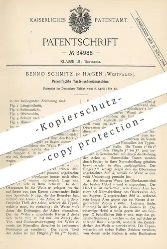 original Patent - Benno Schmitz , Hagen , Westfalen , 1885 , Tastenschreibmaschine | Tasten - Schreibmaschine | Druck !!