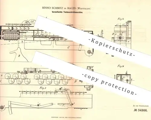 original Patent - Benno Schmitz , Hagen , Westfalen , 1885 , Tastenschreibmaschine | Tasten - Schreibmaschine | Druck !!