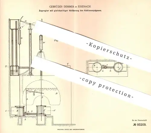 original Patent - Gebrüder Demmer , Eisenach , 1896 , Zugregler mit Abführung von Kohlenoxydgas | Feuerung , Ofen , Öfen