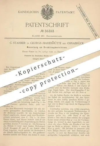 original Patent - C. Stahmer , Georgs Marienhütte / Osnabrück  1886 , Drahtzugbarriere | Schranke , Barriere | Eisenbahn