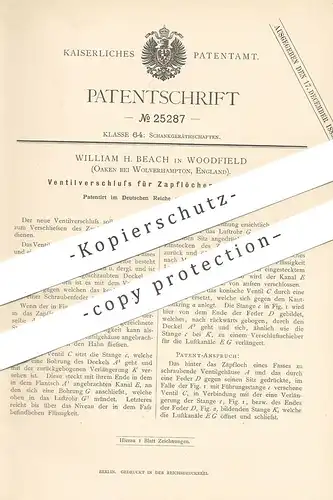 original Patent - William H. Beach , Woodfield , Oaken / Wolverhampton  England , 1883 , Ventil an Zapfanlage | Bierfass