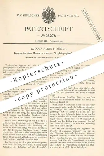original Patent - Rudolf Klein , Zürich , Schweiz , 1883 , Momentverschluss für photographisches Objektiv | Foto Kamera