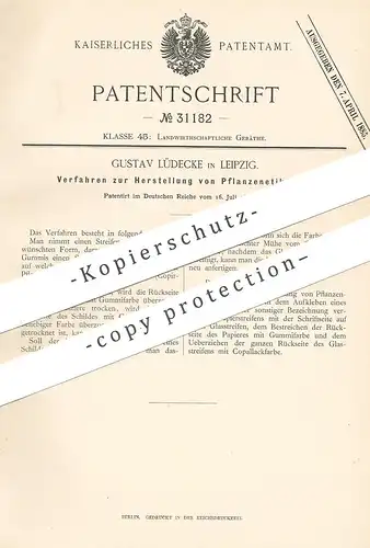 original Patent - Gustav Lüdecke , Leipzig , 1884 , Herst. von Etiketten für Pflanzen | Etikett aus Papier u. Glas !!!
