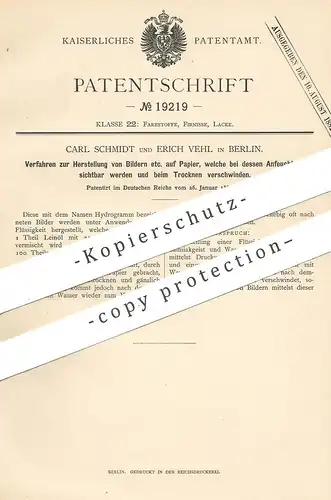 original Patent - Carl Schmidt , Erich Vehl , Berlin , 1882 , Wasserzeichen auf Papier | Hydrogramm , Bilder , Druck !!!