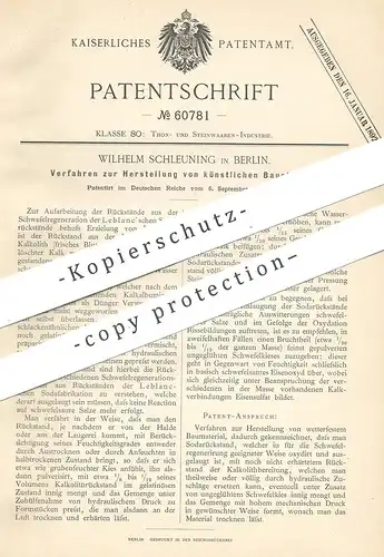 original Patent - Wilhelm Schleuning , Berlin , 1890 , künstliche Bausteine | Maurer , Stein , Ton | Leblanc !!!