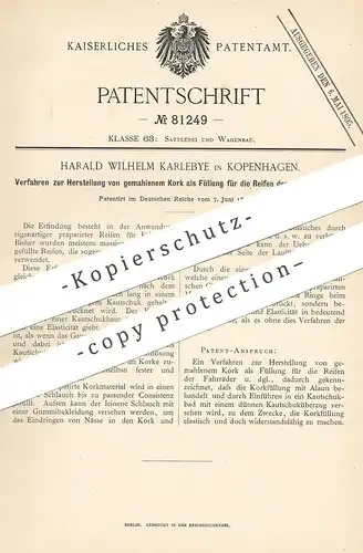 original Patent - Harald Wilhelm Karlebye , Kopenhagen Dänemark 1894 , gemahlener Kork als Füllung für Reifen | Fahrrad