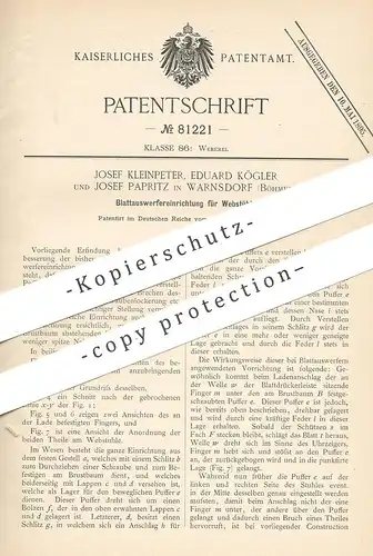 original Patent - Josef Kleinpeter , Eduard Kögler , Josef Papritz , Warnsdorf / Böhmen  1894 , Blattauswurf am Webstuhl