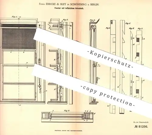 original Patent - Ehrcke & Bley , Berlin / Schöneberg , 1894 , Fenster mit luftdichtem Verschluss | Fensterbauer !!!