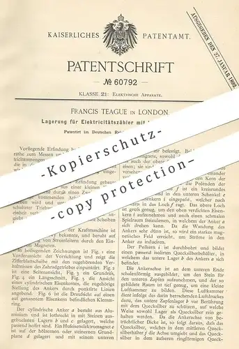 original Patent - Francis Teague , London , England , 1891 , Lagerung für Elektrizitätszähler | Stromzähler , Strom !!!