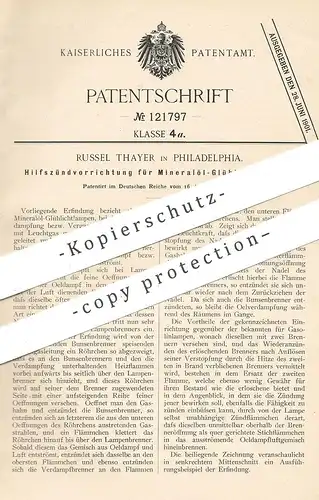 original Patent - Russel Thayer , Philadelphia , USA 1900 , Hilfszündvorrichtung für Mineralöl Glühlichtlampen | Zünder