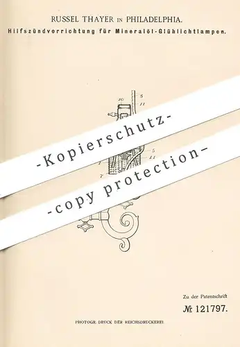 original Patent - Russel Thayer , Philadelphia , USA 1900 , Hilfszündvorrichtung für Mineralöl Glühlichtlampen | Zünder