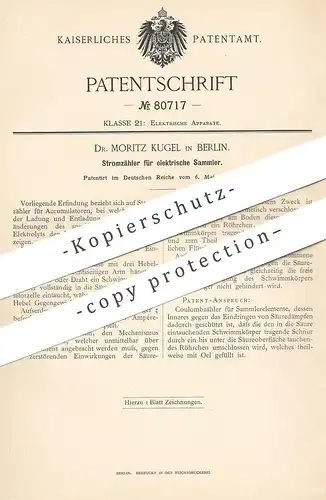 original Patent - Dr. Moritz Kugel , Berlin , 1894 , Stromzähler für elektrische Sammler | Akkumulator | Batterie !!!