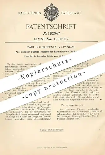 original Patent - Carl Sokolowsky , Berlin / Spandau , 1905 , Sammelkasten für Handstempel | Stempel , Kasten , Kiste !