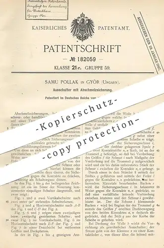original Patent - Samu Pollak , Györ , Ungarn , 1906 , Ausschalter mit Abschmelzsicherung | Schalter , Strom , Elektrik