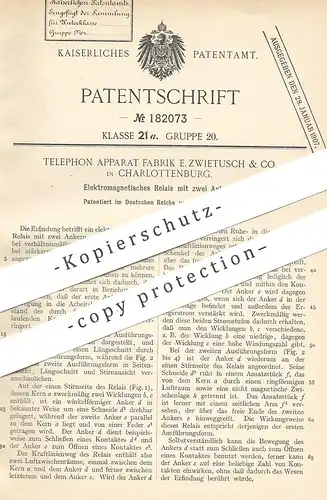 original Patent - Telephon Apparat Fabrik E. Zwietusch & Co. , Berlin / Charlottenburg 1906 , Elektromagnetisches Relais