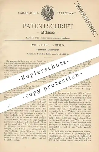 original Patent - Emil Dittrich , Berlin , 1886 , Kleiderhalter | Kleiderhaken , Garderobe | Halter für Kleidung und Hut