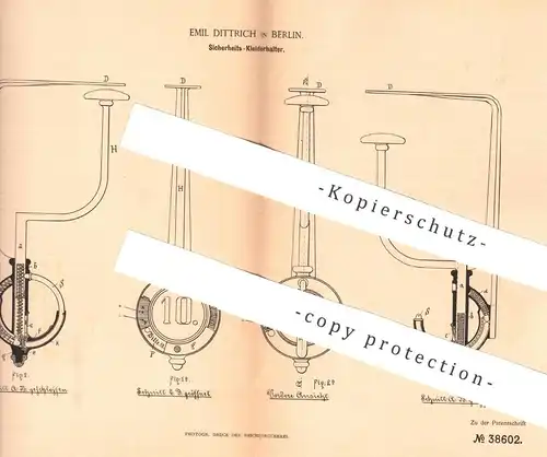 original Patent - Emil Dittrich , Berlin , 1886 , Kleiderhalter | Kleiderhaken , Garderobe | Halter für Kleidung und Hut