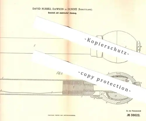 original Patent - David Russell Dawson , Dundee , Schottland  1886 , Geschoss mit elektrischer Zündung | Waffen , Gewehr