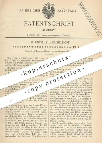 original Patent - F. W. Unterilp , Düsseldorf , 1885 , Ausrückvorrichtung an mehrscharigem Pflug | Pflüge , Landwirt !!