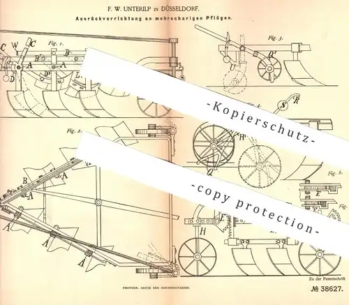 original Patent - F. W. Unterilp , Düsseldorf , 1885 , Ausrückvorrichtung an mehrscharigem Pflug | Pflüge , Landwirt !!