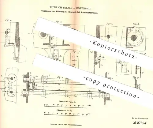 original Patent - Friedrich Pelzer , Dortmund , 1884 , Ablösung des Unterseils an Schachtförderung | Bergbau , Bergwerk