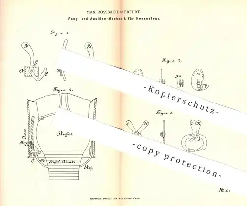 original Patent - Max Rossbach , Erfurt , 1883 , Fang- u. Auslöse-Mechanik für Hosensteg | Hose , Hosen , Schneider !!!