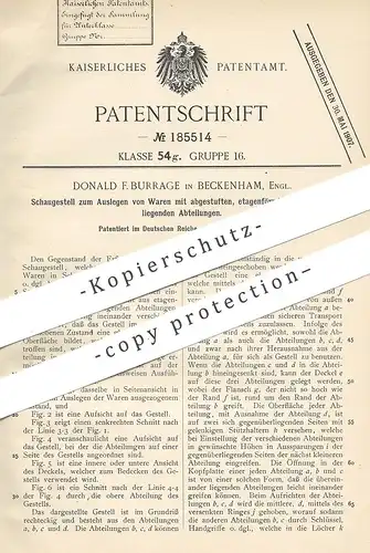 original Patent - Donald F. Burrage , Beckenham , England 1906 , Schaugestell | Schaufenster | Warenträger , Ladentisch