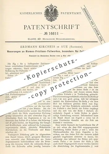 original Patent - Erdmann Kircheis , Aue / Sachsen , 1881 , Riemen-Frictions- Fallwerk per Fußbedienung | Metall !!!