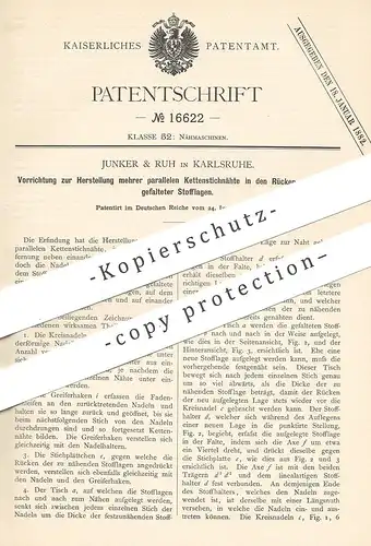 original Patent - Junker & Ruh , Karlsruhe , 1881 , Herst. paralleler Kettenstichnähte | Nähmaschine , Nähmaschinen !!!