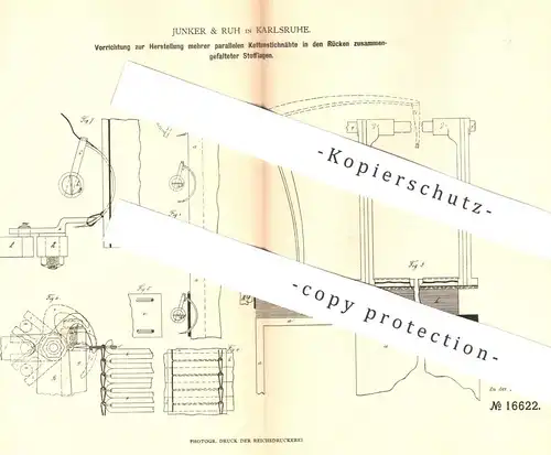 original Patent - Junker & Ruh , Karlsruhe , 1881 , Herst. paralleler Kettenstichnähte | Nähmaschine , Nähmaschinen !!!