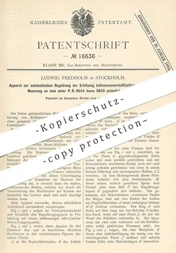 original Patent - Ludwig Fredholm , Stockholm , Schweden , 1881 , Regulierung der Erhitzung von Kohlenwasserstoff | Gas