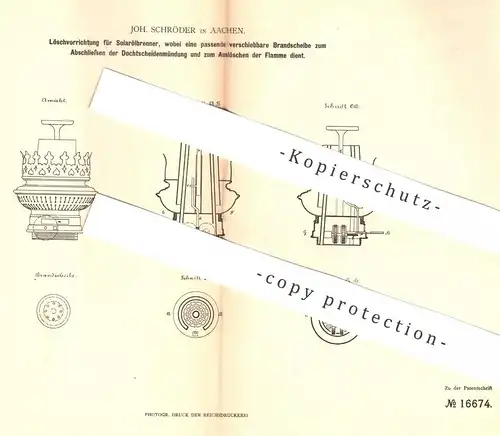 original Patent - Joh. Schröder , Aachen , 1881 , Löschvorrichtung für Solarölbrenner | Öl - Brenner | Lampe , Öllampe !