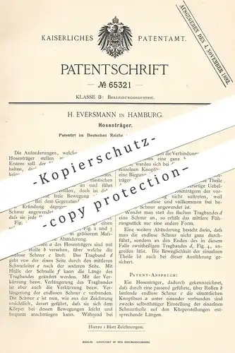 original Patent - H. Eversmann , Hamburg , 1892 , Hosenträger | Hose , Hosen , Gürtel , Schneider , Mode , Knopf !!!