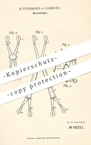 original Patent - H. Eversmann , Hamburg , 1892 , Hosenträger | Hose , Hosen , Gürtel , Schneider , Mode , Knopf !!!