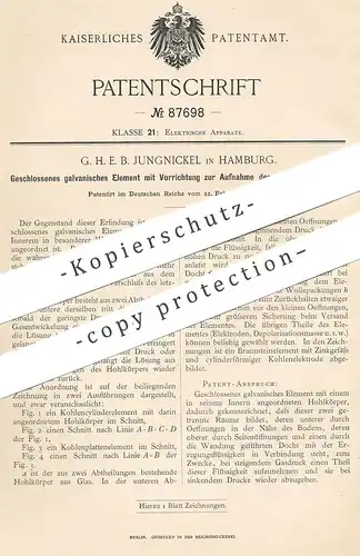 original Patent - G. H. E. B. Jungnickel , Hamburg , 1895 , galvanisches Element zur Aufnahme von Gasdruck | Gas , Strom