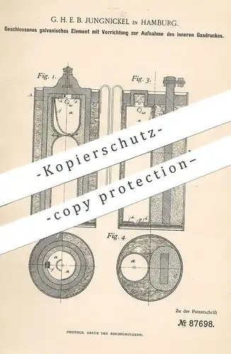 original Patent - G. H. E. B. Jungnickel , Hamburg , 1895 , galvanisches Element zur Aufnahme von Gasdruck | Gas , Strom