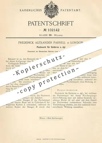 original Patent - Frederick Alexander Parnell , London , England , 1897 , Pochwerk für Golderze | Gold , Erz | Müller !