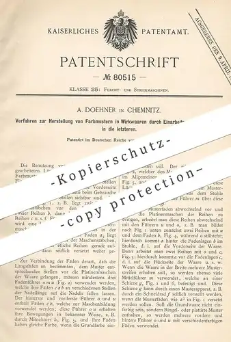 original Patent - A. Doehner , Chemnitz , 1894 , Farbmuster in Wirkwaren , Gewebe | Stricken , Weben , Weber , Flechten