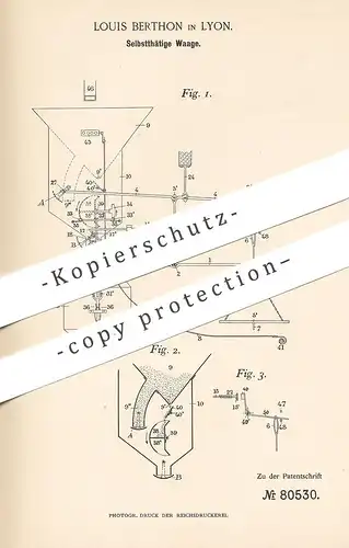 original Patent - Louis Berthon , Lyon , 1894 , Waage | Waagen , Wiegen , Gewicht , Waagbalken | Mühle , Mehl , Getreide