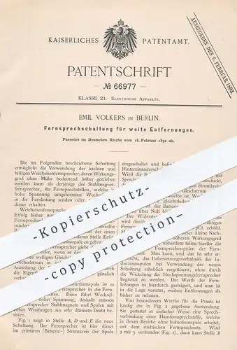 original Patent - Emil Volkers , Berlin 1892 , Fernsprechschaltung für weite Entfernung | Fernsprecher | Telefon , Strom