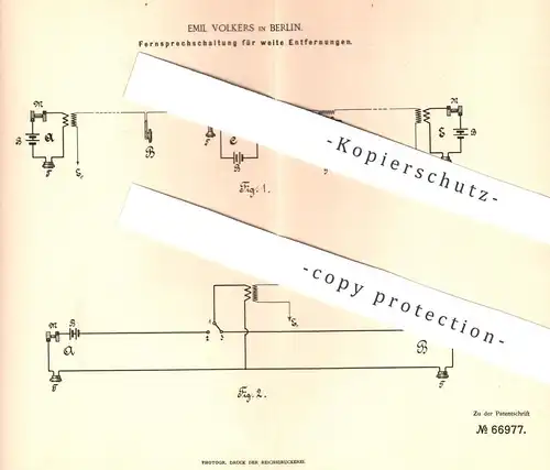 original Patent - Emil Volkers , Berlin 1892 , Fernsprechschaltung für weite Entfernung | Fernsprecher | Telefon , Strom