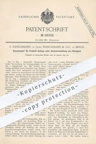 original Patent - R. Fleischmann & Co. , Berlin , 1891 , Doppelregler für Pressluft - Aufzüge | Aufzug , Hebezeug !!!