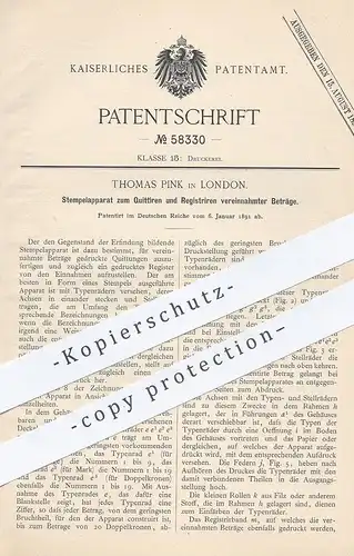 original Patent - Thomas Pink , London , 1891 , Stempel für Quittung , Belege | Druck , Druckerei , Papier !!