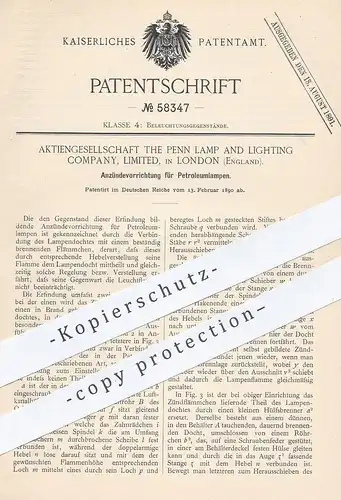 original Patent - AG The Penn Lamp & Lighting Company Limited , 1890 , Zündung für Petroleumlampen | Petroleum - Lampe