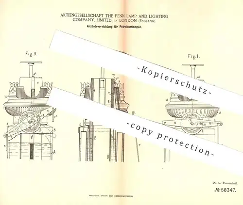 original Patent - AG The Penn Lamp & Lighting Company Limited , 1890 , Zündung für Petroleumlampen | Petroleum - Lampe