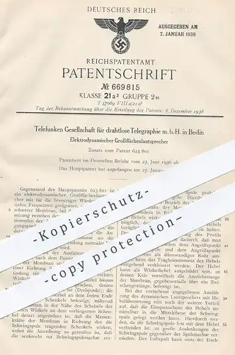 original Patent - Telefunken GmbH für drahtlose Telegraphie , Berlin 1936 , Elektrodynamischer Lautsprecher | Telegrafie